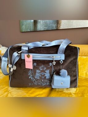 Juicy Couture Brown Velour Weekender with Light Blue Trim and Pom Coin Purse/NWT